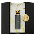 Ahmed Al Maghribi Laathani perfume bottle in black glass with gold cap, displayed in open black box with gold coin.