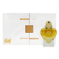 Ahmed Al Maghribi Awfa perfume bottle with heart-shaped gold glass flacon and white box packaging